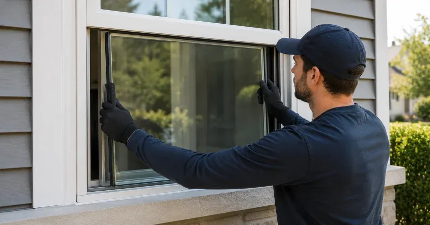 technician boarding up broken window during emergency glass repair McLaren?s Beach, Scugog