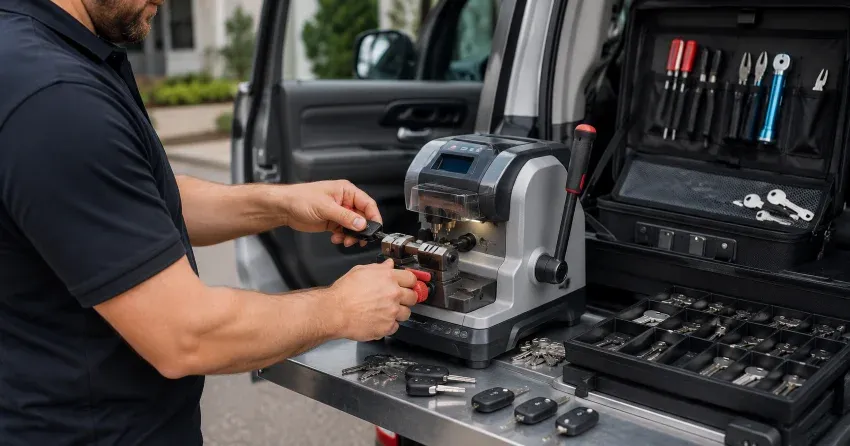 technician cutting a replacement car door lock key in Shirley, Scugog