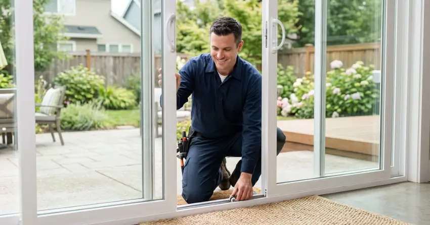 technician diagnosing a sticking patio door in Epsom, Scugog