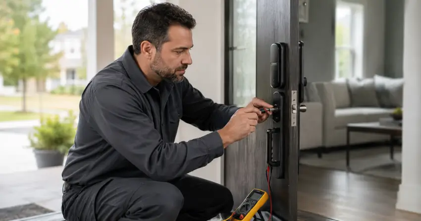 technician diagnosing automatic door lock mechanism on residential door in Port Perry, Scugog