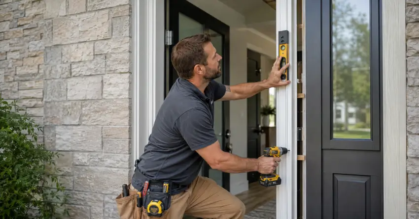 technician installing a new exterior door frame in Scugog