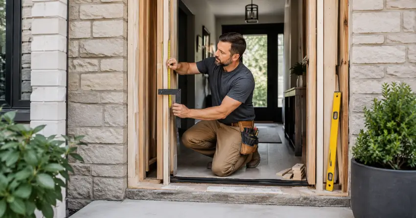 exterior door installer assessing rough opening in Cedar Shores, Scugog