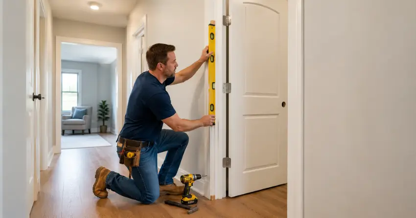 technician installing a pre-hung interior door in a home hallway Prospect, Scugog