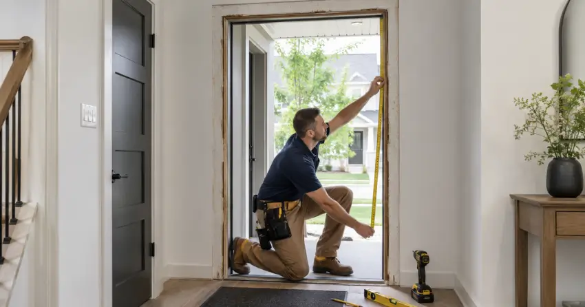 technician measuring a door frame before new door installation in Scugog Point, Scugog