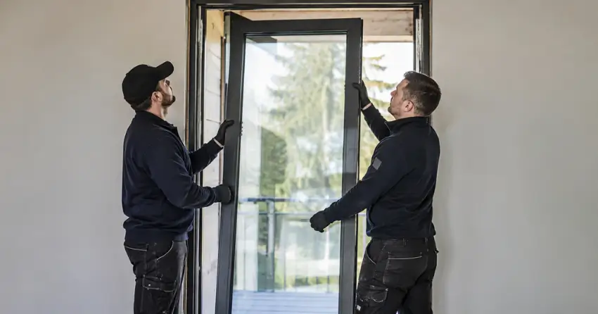 new glass panel being fitted into door frame in Nestleton Station, Scugog