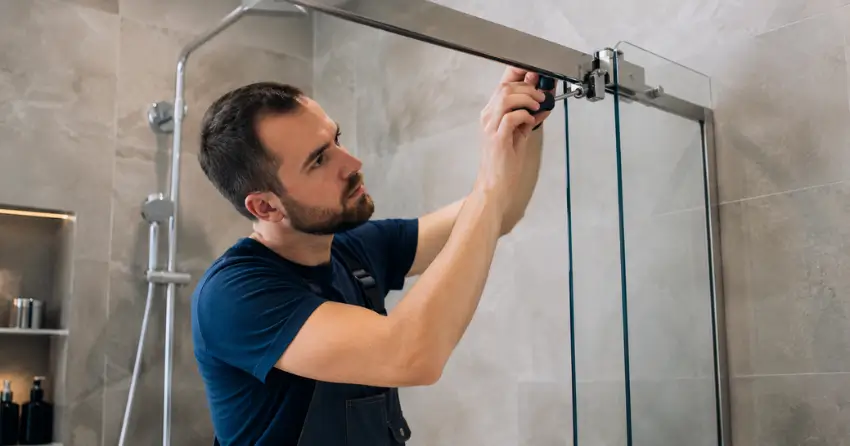 technician adjusting shower door hinge and track in Aldreds Beach, Scugog