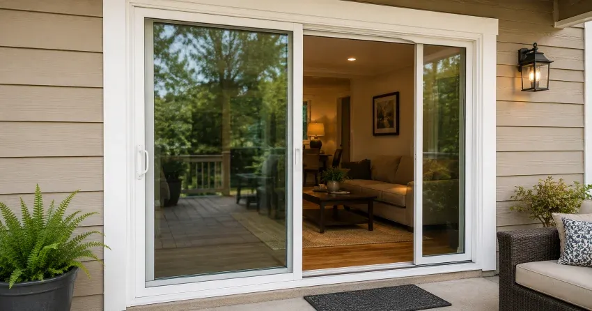 Patio Door Installation technician setting a new frame in Prospect, Scugog