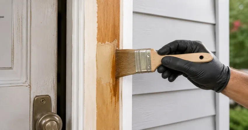 technician probing rotted wood on a door frame in Pine Point, Scugog