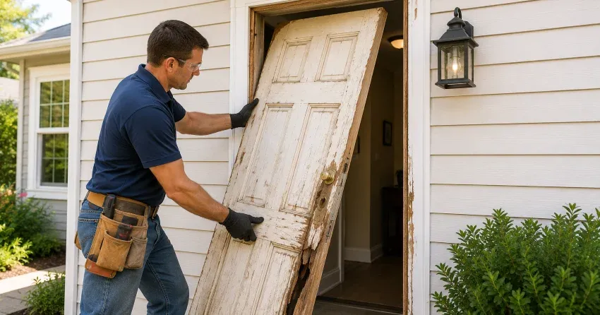 warped exterior door frame showing weather damage in Pine Point, Scugog